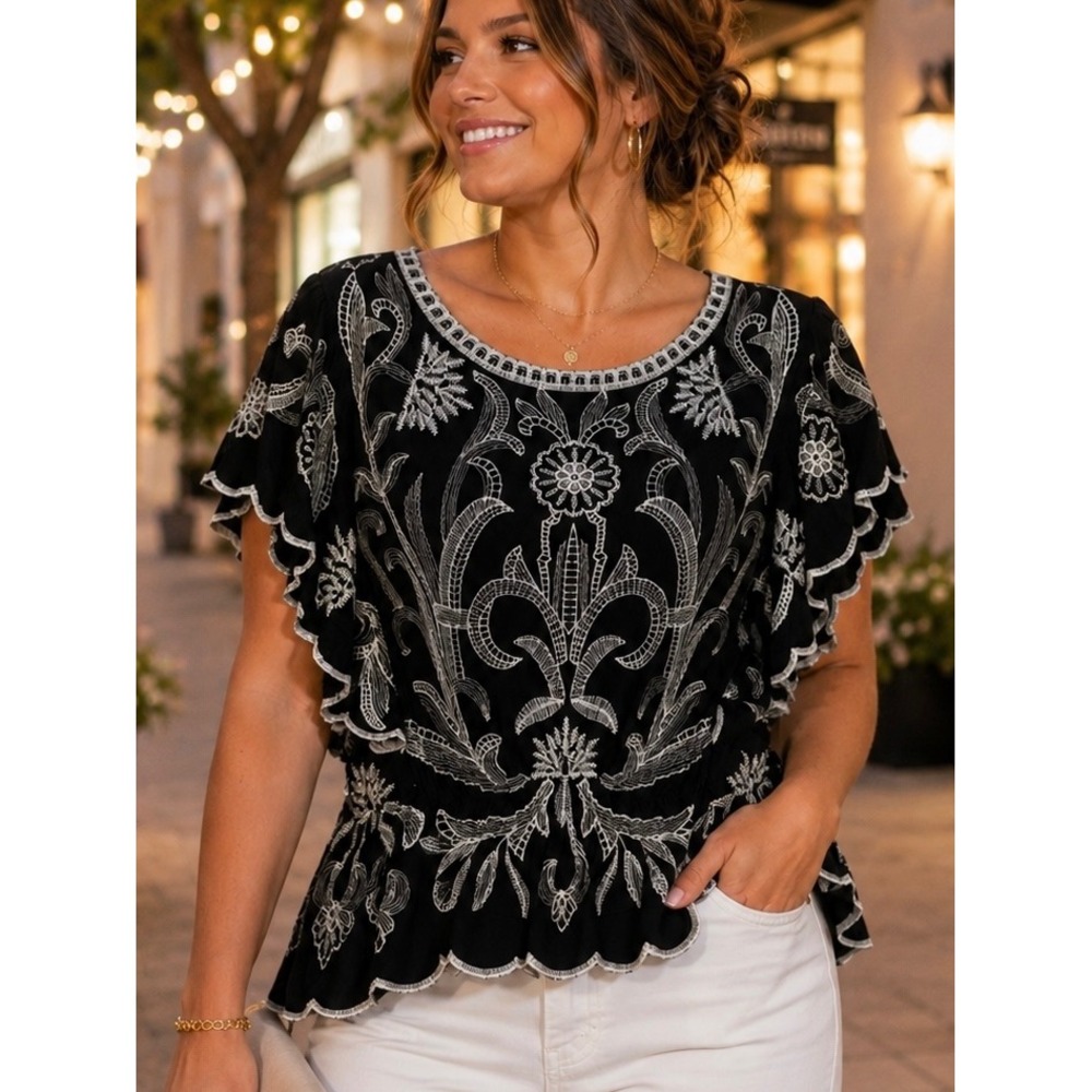 Solitaire Womens Embroidered Peplum Top Black White Medium Boho Flutter Sleeve